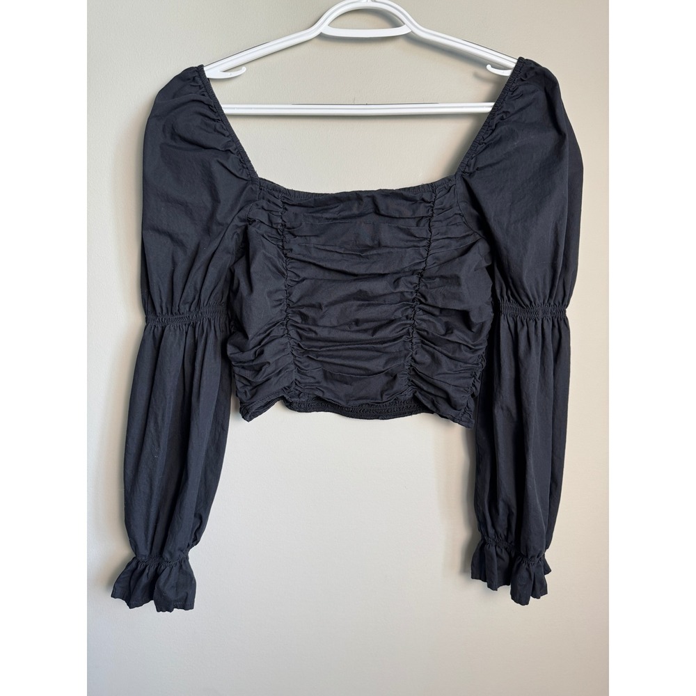 Divided H&M Ruched Square Neck Crop Top Puff Sleeve Black Small Cottagecore Boho